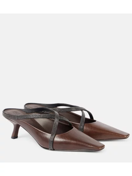 Papuci tip mules Brunello Cucinelli din piele maro