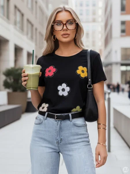 T-shirt w kwiaty DAISYLA Dstreet czarny