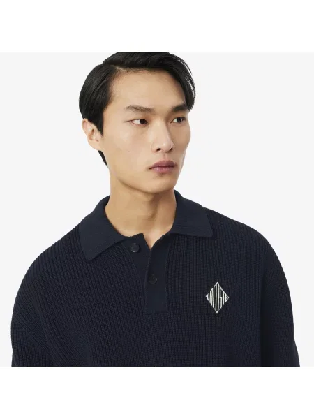 Lacoste Prążkowany Sweter Z Perłowym Kołnierzykiem Polo I Naszywką czarny