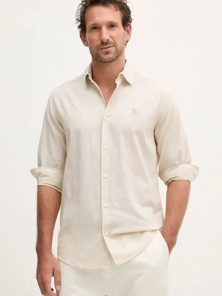 U.S. Polo Assn. Cămașă safari de bărbați cu in LINEN BLEND LS bej
