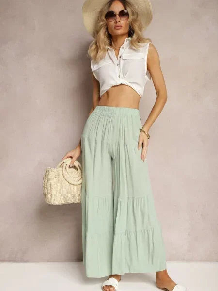 Jasnozielone Spodnie z Szerokimi Nogawkami Palazzo z Falbankami i Gumką w Pasie Dimlin zielone