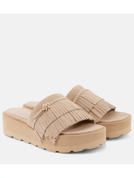 Semišové sandály Gianvito Rossi s třásněmi na platformě béžové