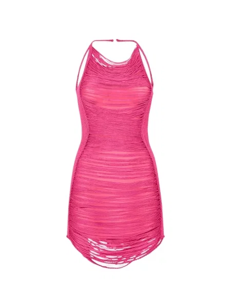 Rochie mini The Attico cu franjuri cu gât halter roz