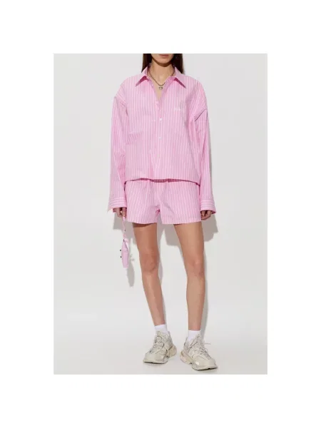 Szorty Balenciaga w paski z paskiem różowe