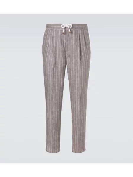 Lněné pruhované zúžené kalhoty Brunello Cucinelli hnědé