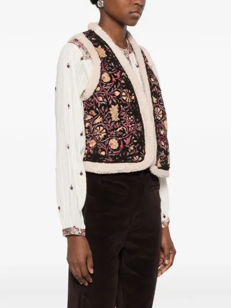 Vestă Maison Hotel cu model floral din piele de oaie negru