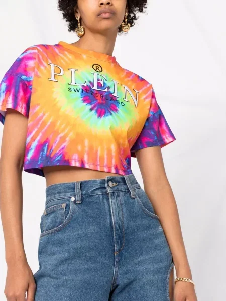 Tie dye koszulka Philipp Plein z nadrukiem o krotszym kroju różowa