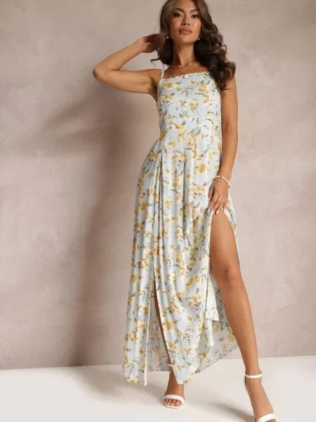 Rochie Maxi cu Bretele Reglabile și Decolteu Pătrat Calapi albastru