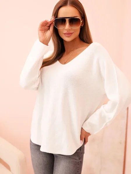 Pulover Kesi Włoski cu decolteu în V alb