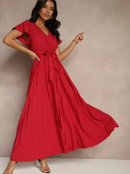 Koktajlowa Maxi Sukienka Ozdobiona Plisami z Trójkątnym Dekoltem i Wiązaniem w Talii Phoelia bordowa