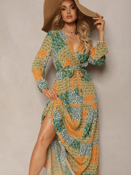 Rochie Verde-Galbenă din Vâscoză cu în Talie și din cu Decolteu Triunghiular Nelarae galben