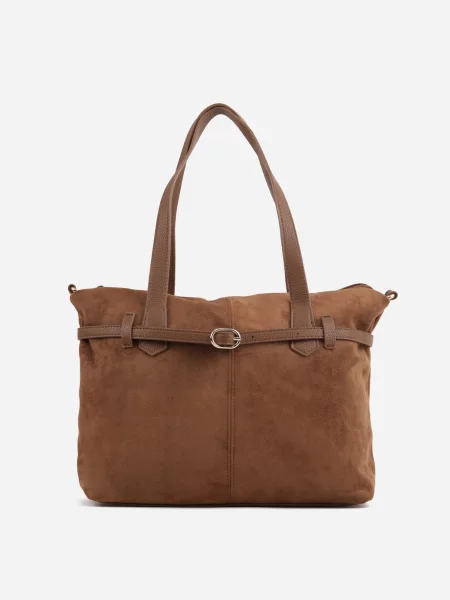 Jasnobrązowa Elegancka Torebka Shopper Bag o Fakturze Zamszu z Paskiem z Klamerką Mudrey brązowa