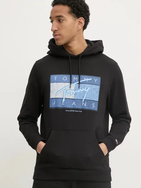 Tommy Jeans hanorac de bărbați cu glugă cu imprimeu negru