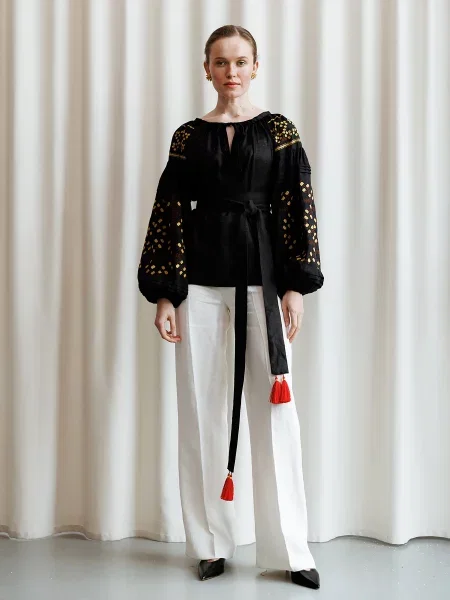 Льняная рубашка Embroidered Gem с вышивкой черная