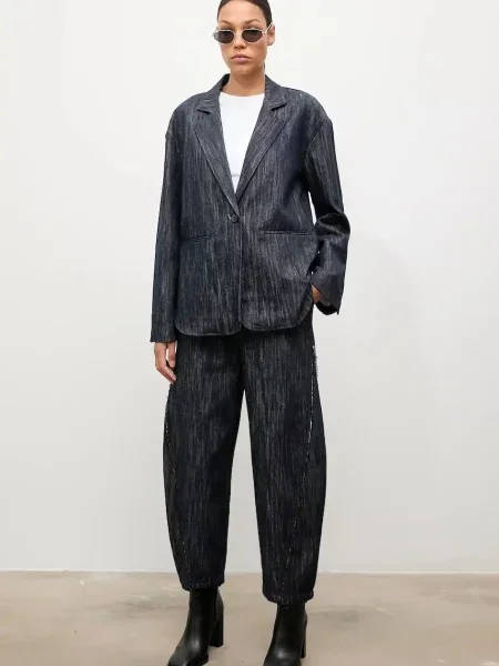 Answear.LAB marynarka jeansowa granatowy jednorzędowa gładka