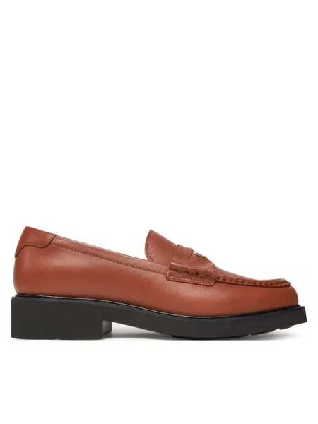 Кожени мокасини Tommy Hilfiger CREST SQUARISH TOE PENNY LOAFER с равна подметка кафяво