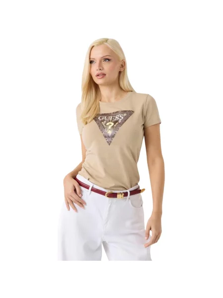 Tricou Guess cu model piele de șarpe bej