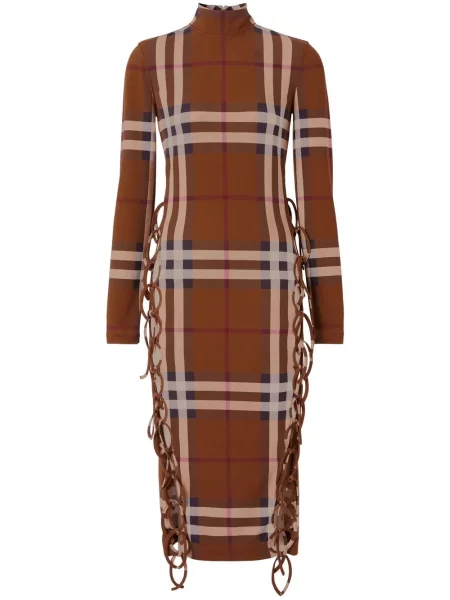 Rochie midi Burberry în carouri cu imagine până la genunchi maro