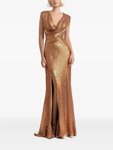 Rochie maxi Gemy Maalouf cu crăpătură de costum auriu