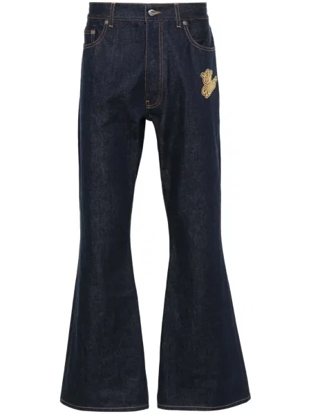 Blugi evazați Off-white cu broderie alb