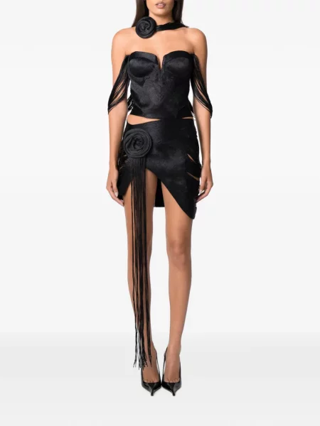 Fustă Norina St cu franjuri cu model floral negru