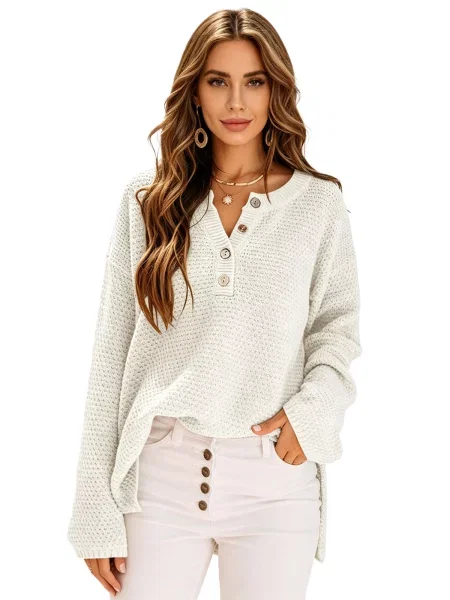 KoJooin Svetr Damen Halbgeöffnete Strickjacke mit Knöpfen – Lässiger lockerer Cardigan für gemütliche Looks' bílá