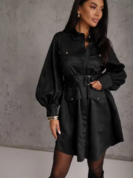 Rochie Utility cu croială de cămașă din piele întoarsă sintetică Wirette neagră