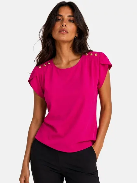 REGINA FASHION Blúzka Short Sleeve Blouse with Decorative Shoulder Buttons neónovo ružová