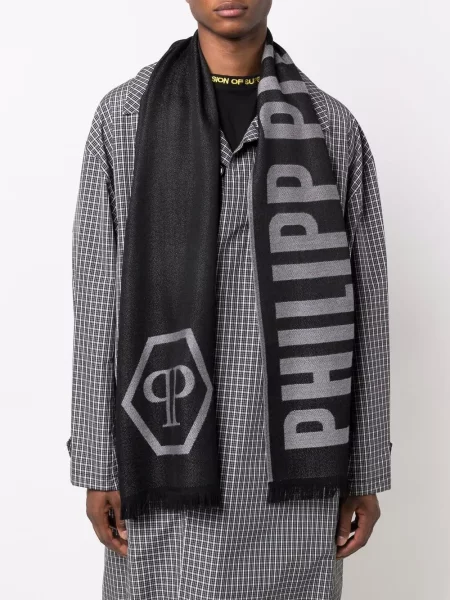 Fular Philipp Plein de lână cu autograf negru