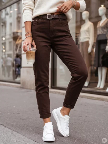 Jeansy mom fit z paskiem Dstreet brązowe