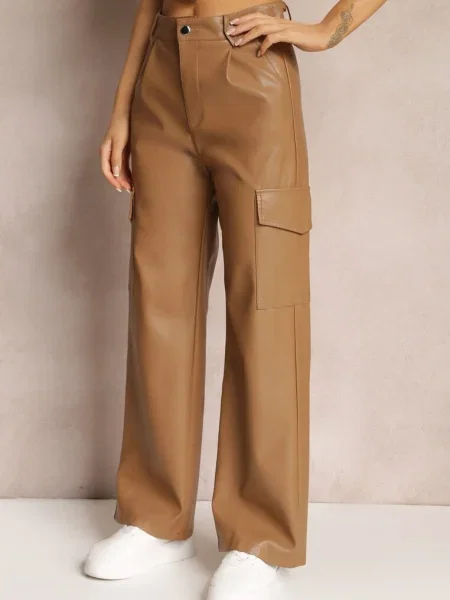 Pantaloni largi cu talie înaltă din imitație de piele Alymia maro