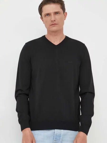 Vuneni pulover BOSS za muškarce lagani crna