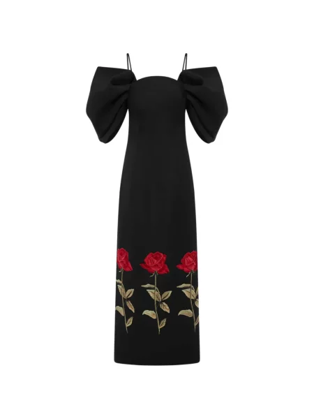 Rochie midi Leo Lin cu model floral până la genunchi de costum negru