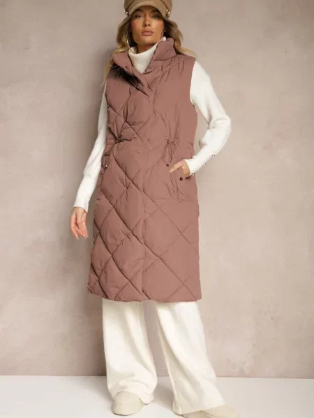 Ciemnobrązowa Długa Kamizelka z Pikowanymi Przeszyciami ze Stójką i Avalithe brązowa