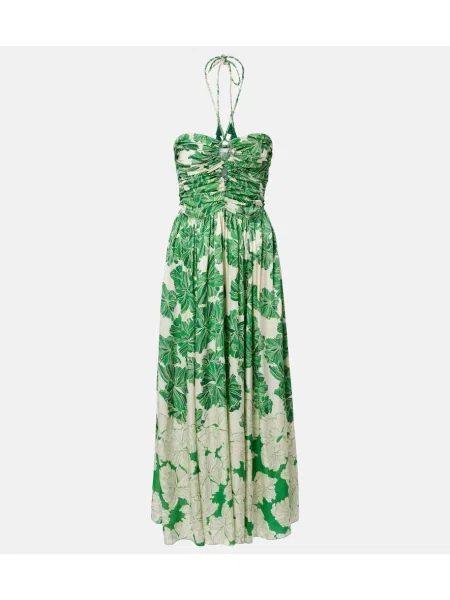 Rochie maxi Poupette St Barth din satin cu model floral cu gât halter verde