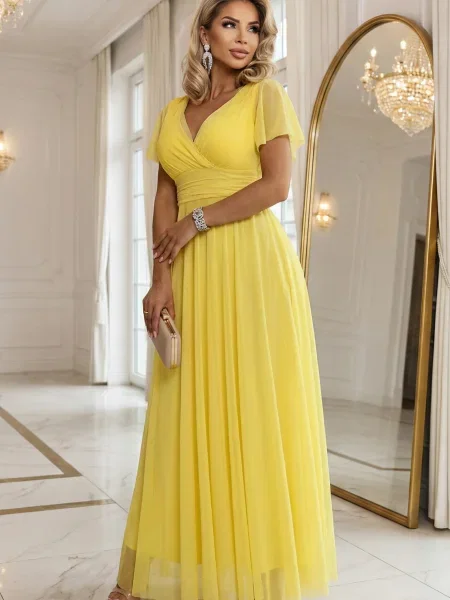 Długa sukienka maxi Numoco Basic wiązana żółta