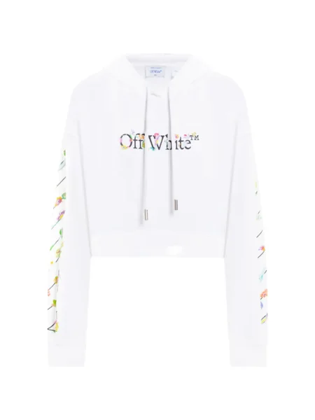 Pulover Off-white cu model floral cu glugă cu imagine alb