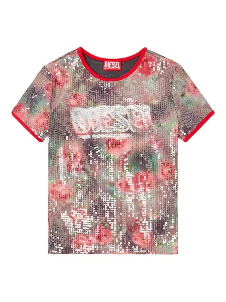 Tricou Diesel cu paiete cu model floral maro