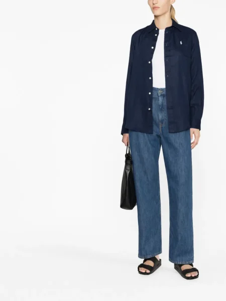 Lněný top Polo Ralph Lauren s výšivkou modrý