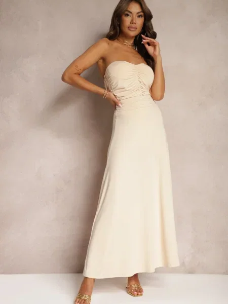 Rozkloszowana Spódnica High Waist z Marszczeniem w Pasie Nolisea beżowa