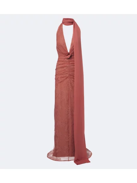 Rochie maxi De La Vali cu volane din dantelă roz