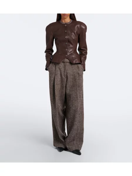 Pantaloni Magda Butrym de lână cu model herringbone maro