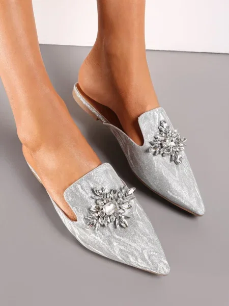 Papuci Mule Strălucitoare cu Aplicație în Zirconiu Ailline argintii