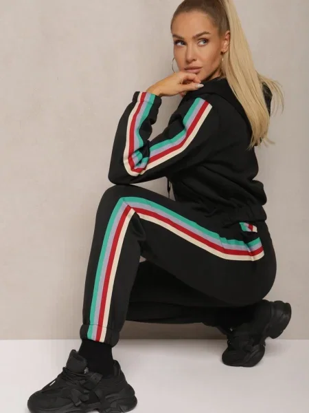 Komplet Dresowy z Kolorowym Lampasem Bluza z Kapturem i Spodnie Joggery Nevarielles czarny