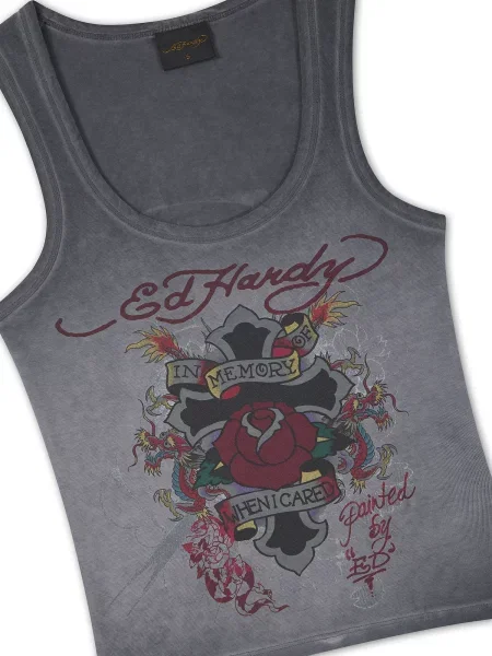 Ed Hardy Top In Memory of When I Cared žltá / tmavočervená / čierny denim biela