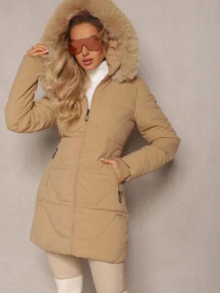 Jachetă Matlasată Închis cu Glugă și Blană Artificială Zepiola bej
