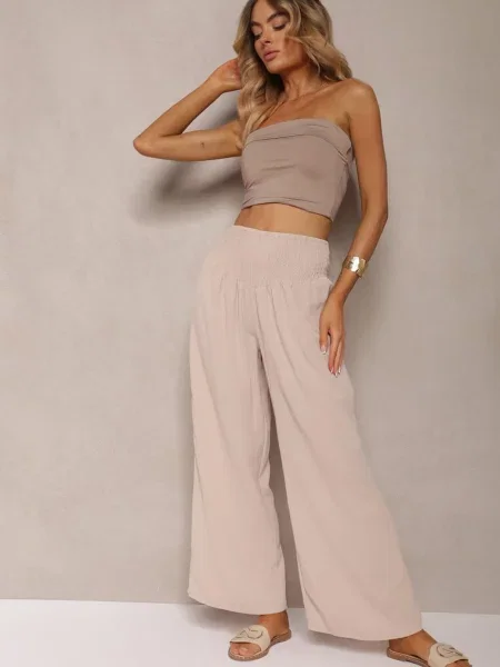 Spodnie Kuloty High Waist z Gumką w Talii Lipadre beżowe