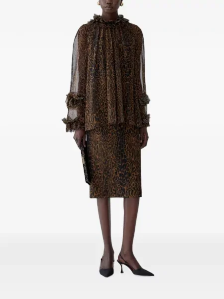 Fustă midi Carolina Herrera de mătase cu imagine cu model leopard maro