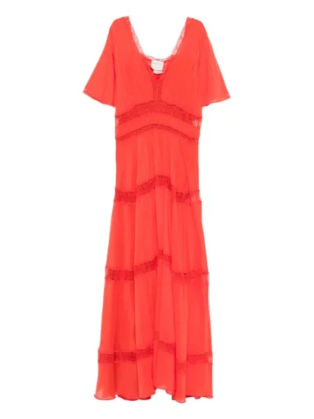 Rochie maxi Forte_forte cu decolteu în V din dantelă de costum roșu