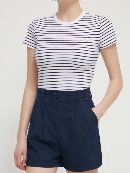 Къс панталон Tommy Jeans с изчистен дизайн висока талия тъмносиньо